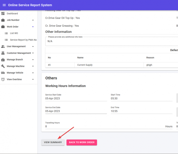 Service Report View Summary