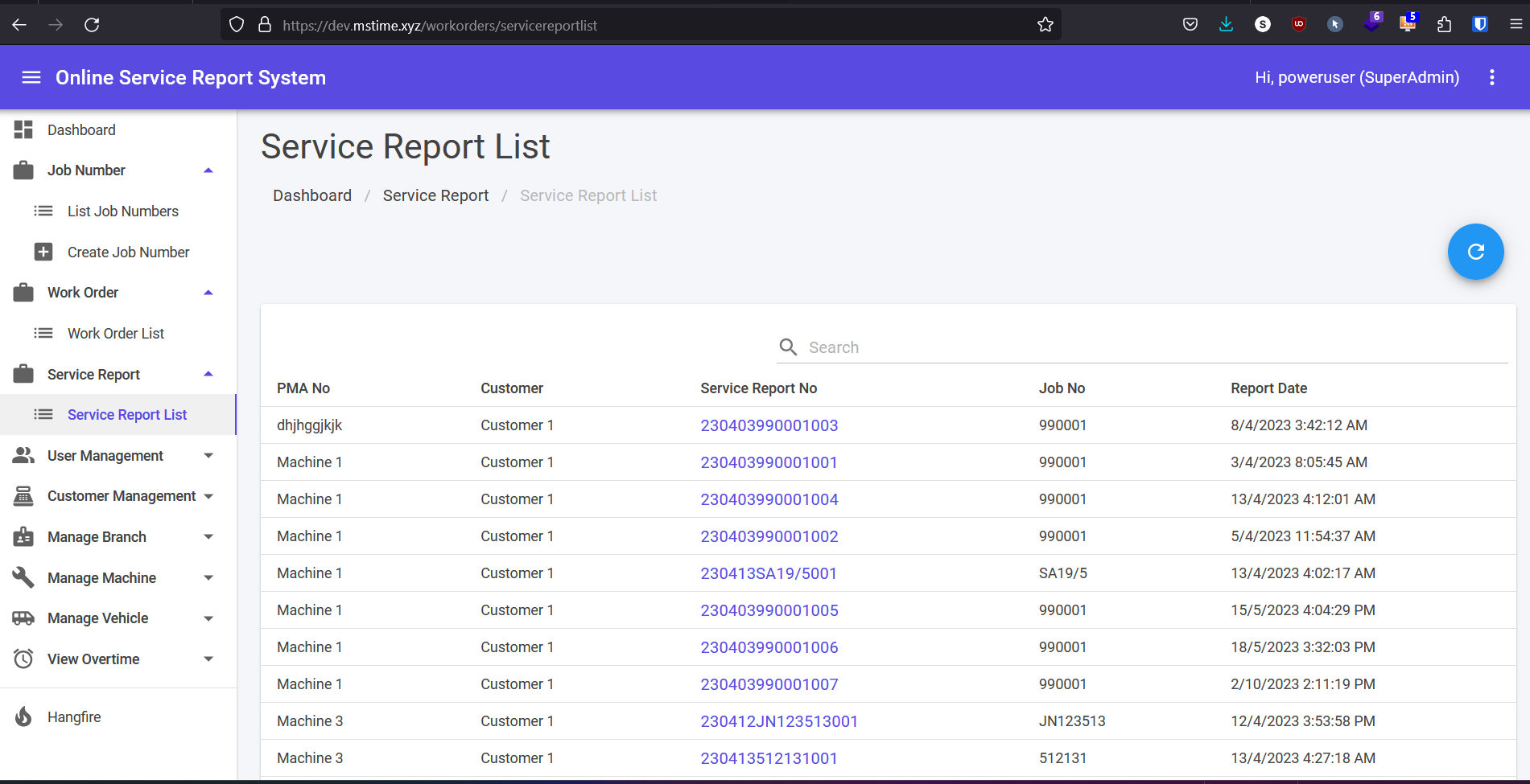 Service Report list